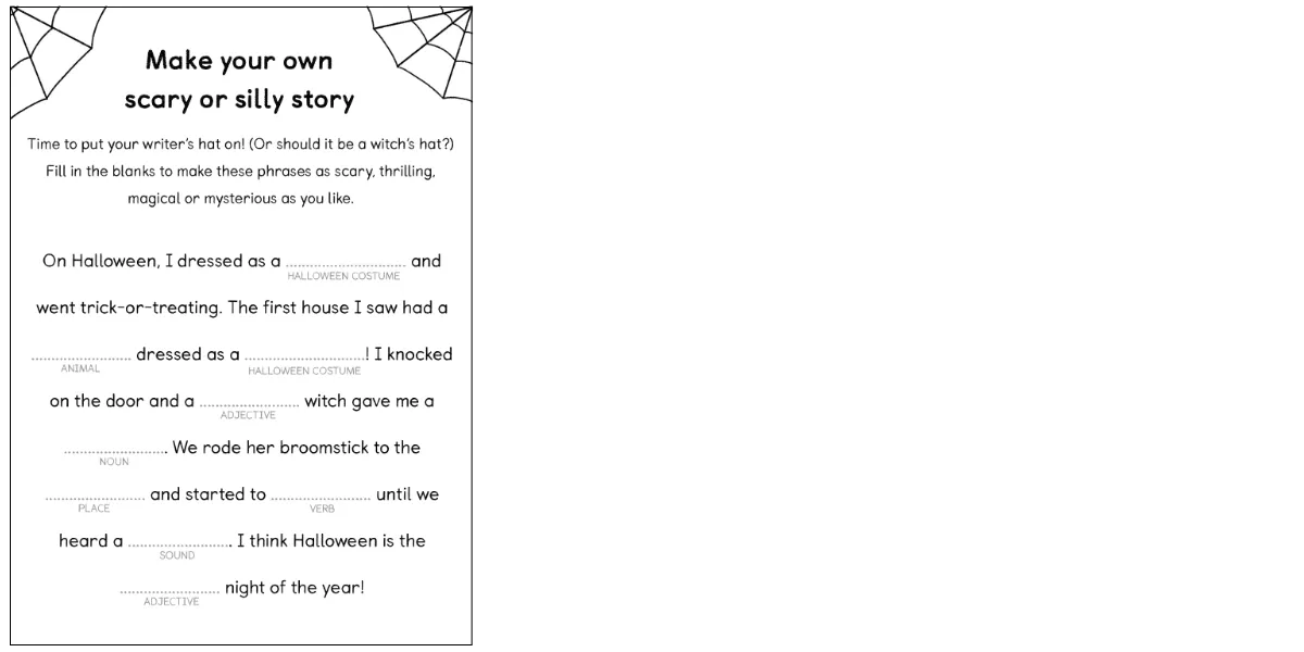 Preview of the 'make your own scary or silly story' activity sheet: fill in this missing words