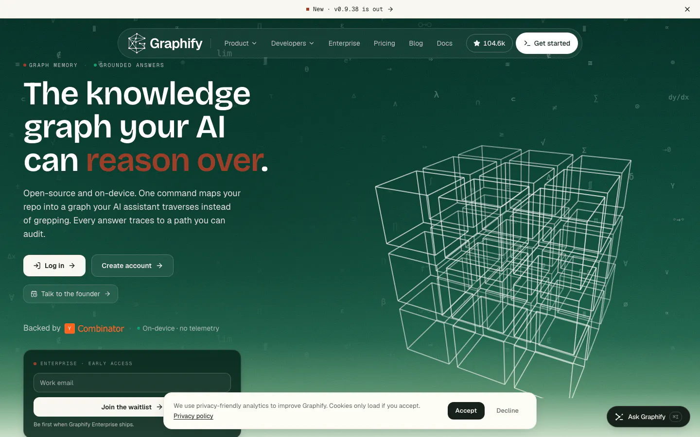 graphify 공식 사이트 첫 화면 — 지식 그래프를 형상화한 와이어프레임 큐브와 v0.9.38 릴리스 배너