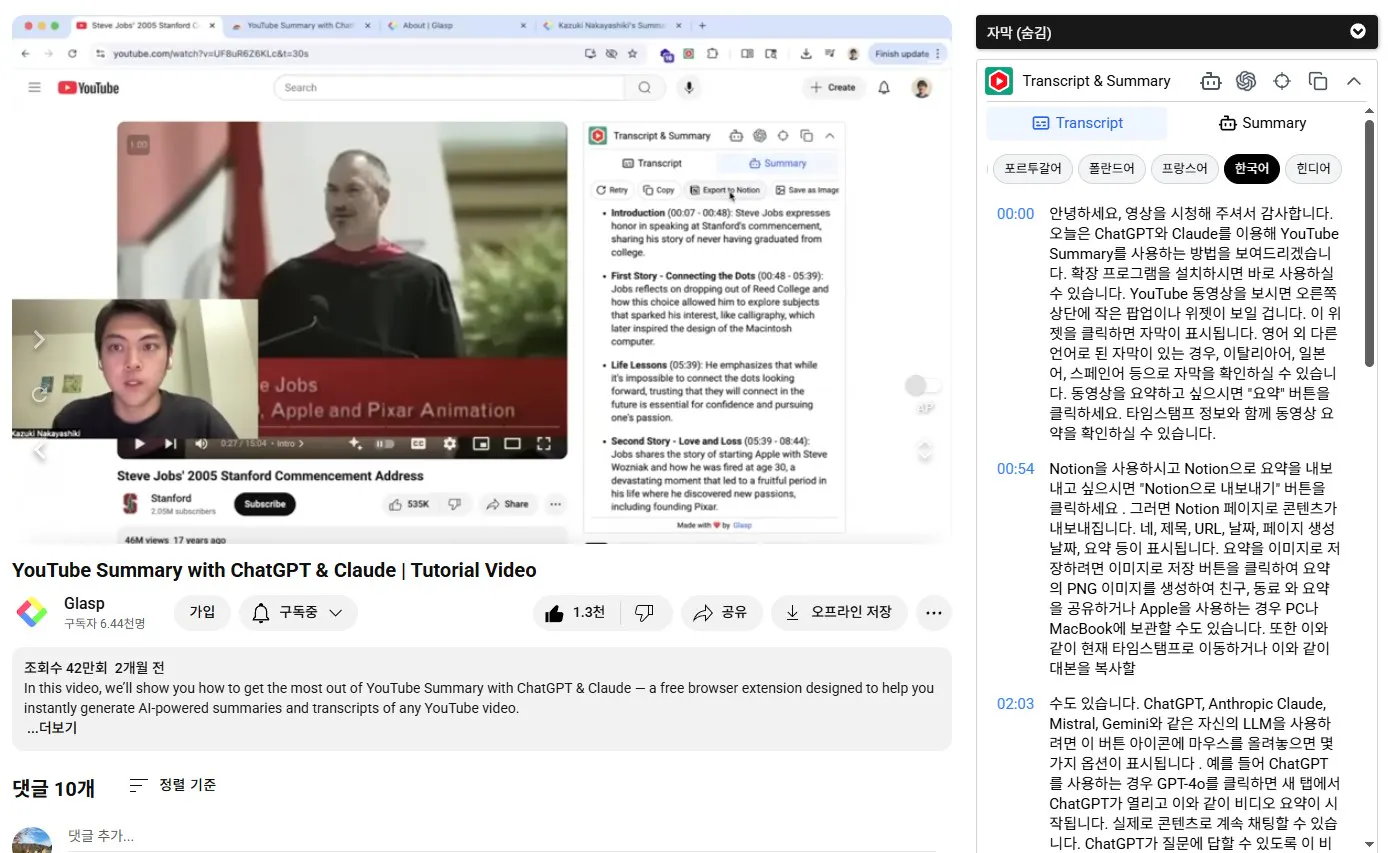 한국 자막이있는 YouTube 비디오 스크린 샷