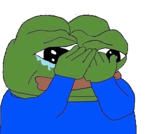 그의 손이 그의 얼굴을 덮고있는 개구리