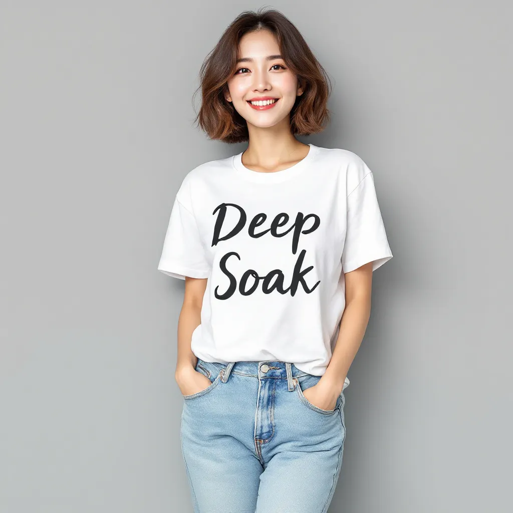 청바지와 딥삭스라고 적힌 티셔츠를 입은 여성