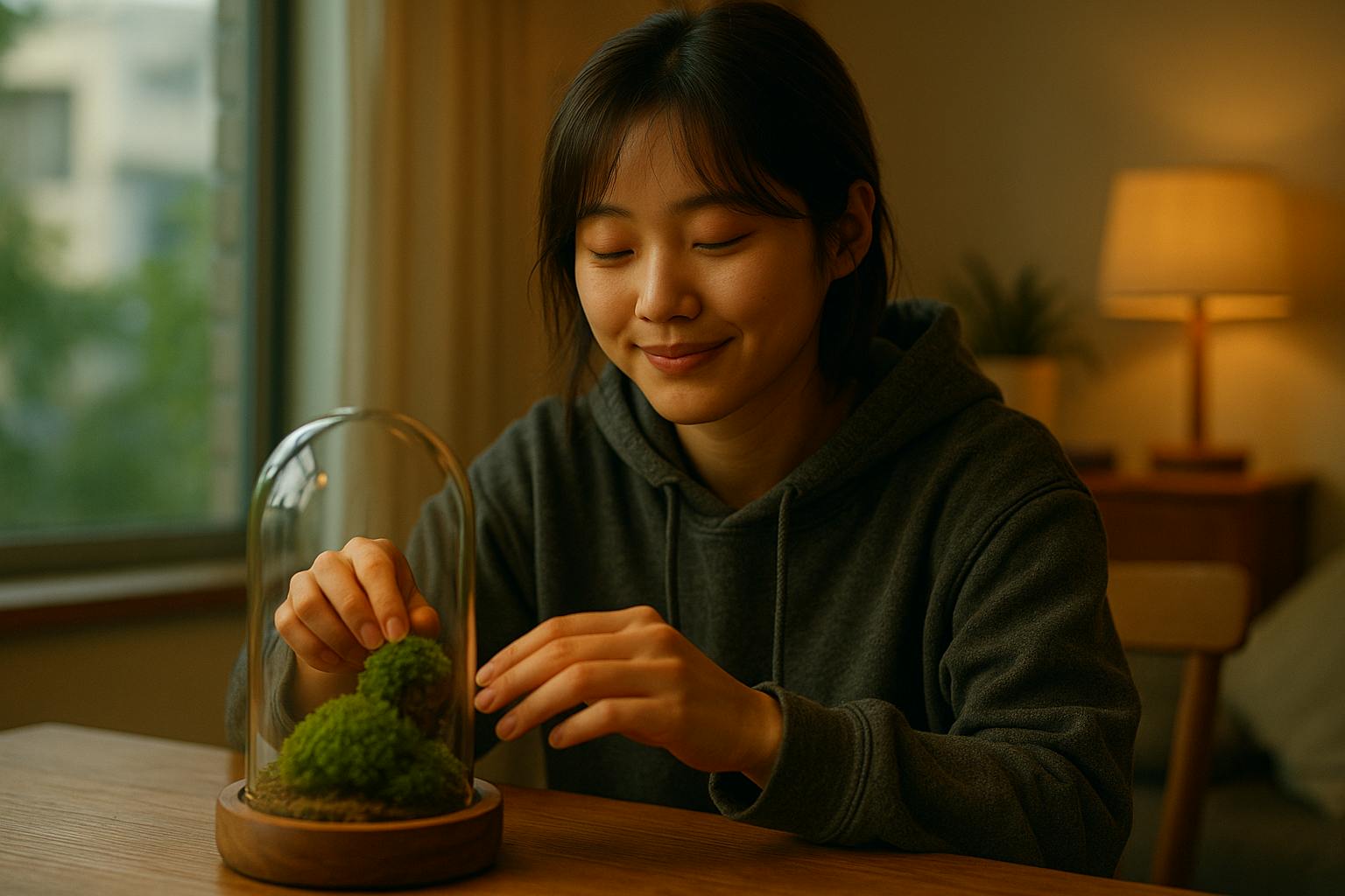 유리 돔에서 이끼 식물을보고있는 여자