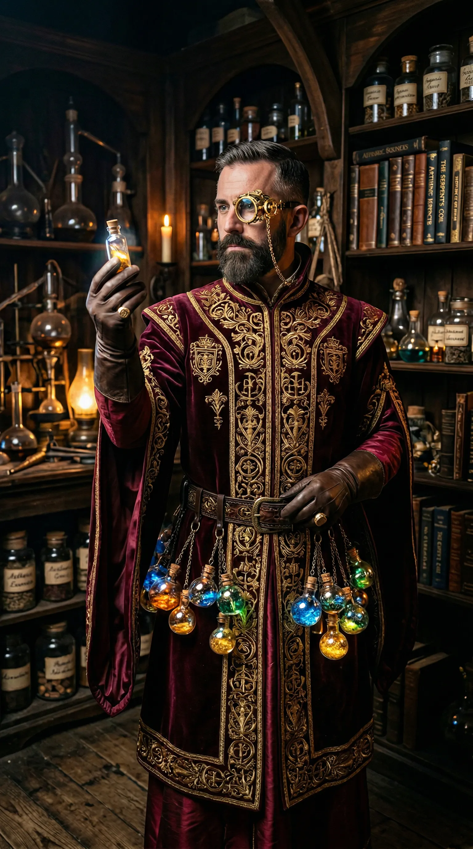 중세 의상을 입은 남자가 물약 한 잔을 들고 있다
