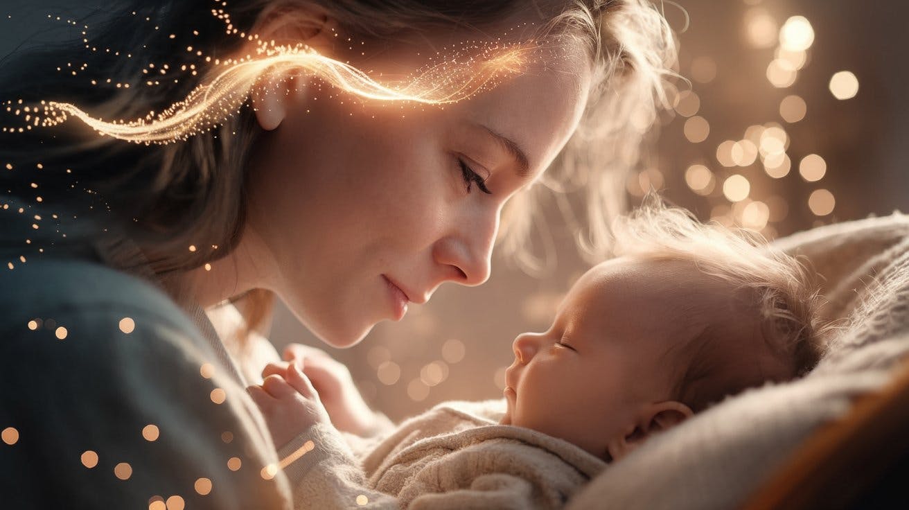 여자가 팔에 아기를 안고 있습니다