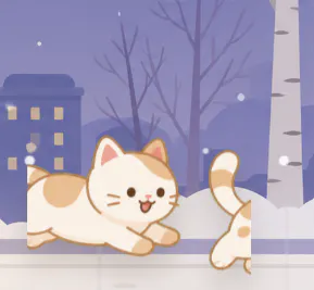 도시를 배경으로 눈 속에서 놀고 있는 고양이 두 마리