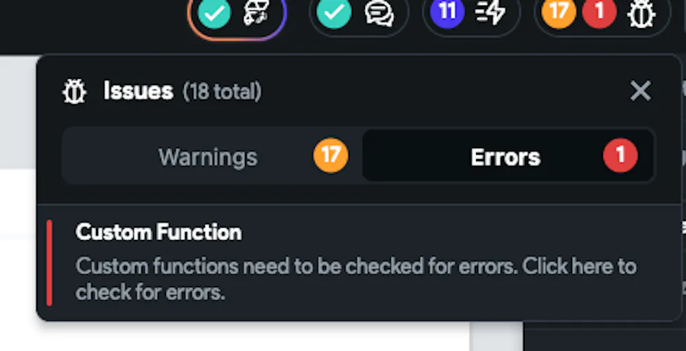 Continuous "Custom Functions need to be checked for errors" error