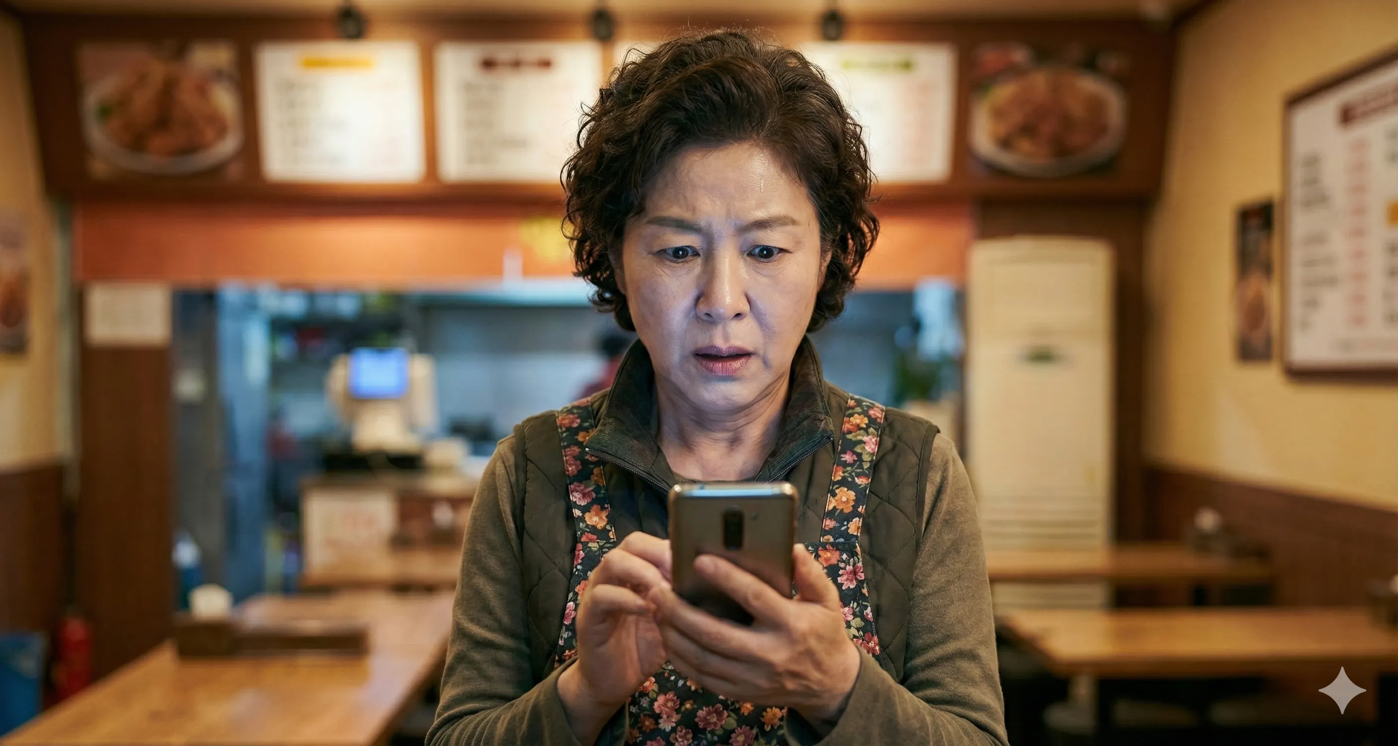레스토랑에서 휴대폰을 보고 있는 아시아 여성