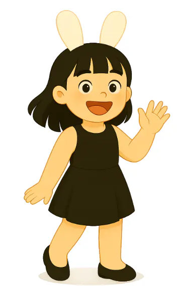 토끼 귀를 흔들며 검은 드레스를 입은 만화 소녀