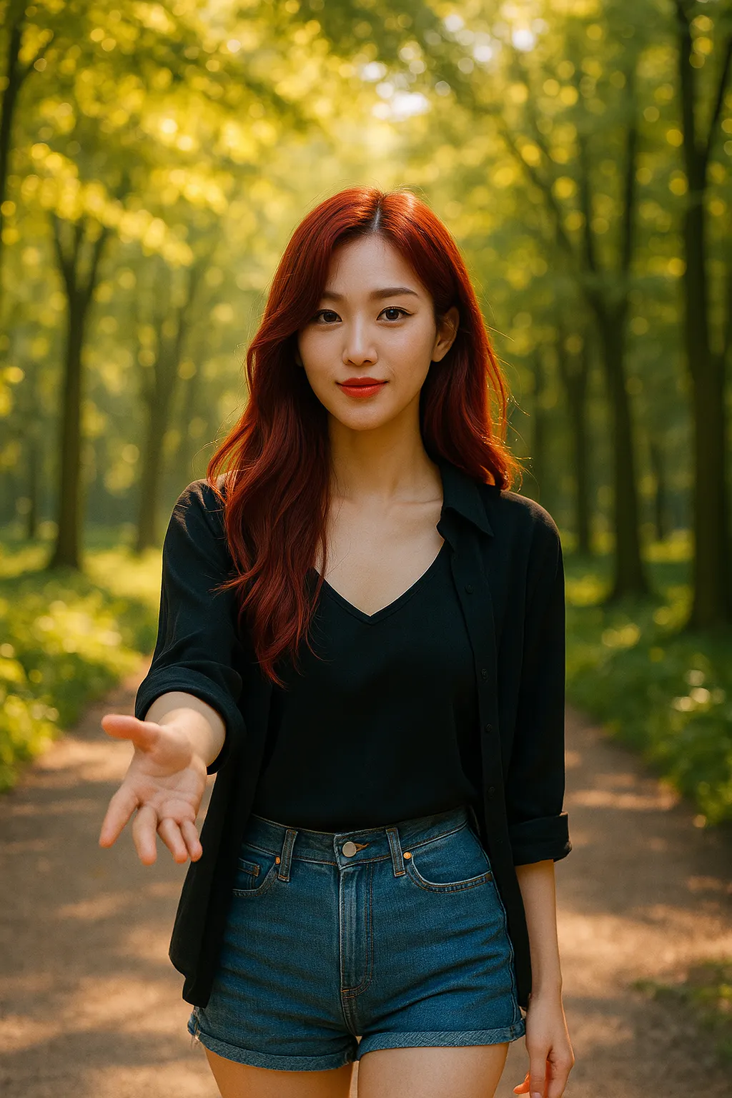 숲에 붉은 머리를 가진 젊은 아시아 여자