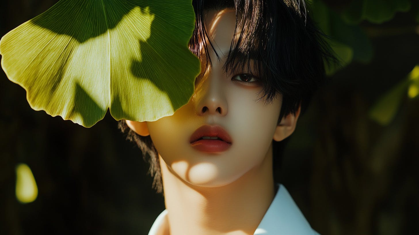 얼굴에 검은 머리와 녹색 잎을 가진 청년