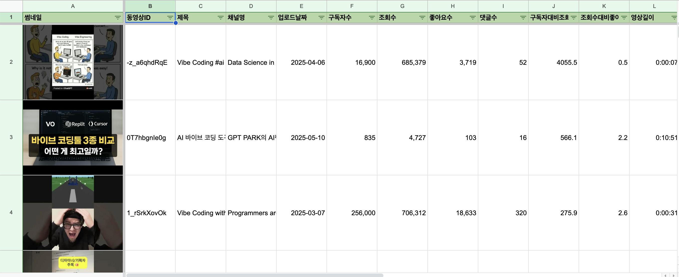 비디오 목록을 보여주는 Excel 스프레드 시트의 스크린 샷