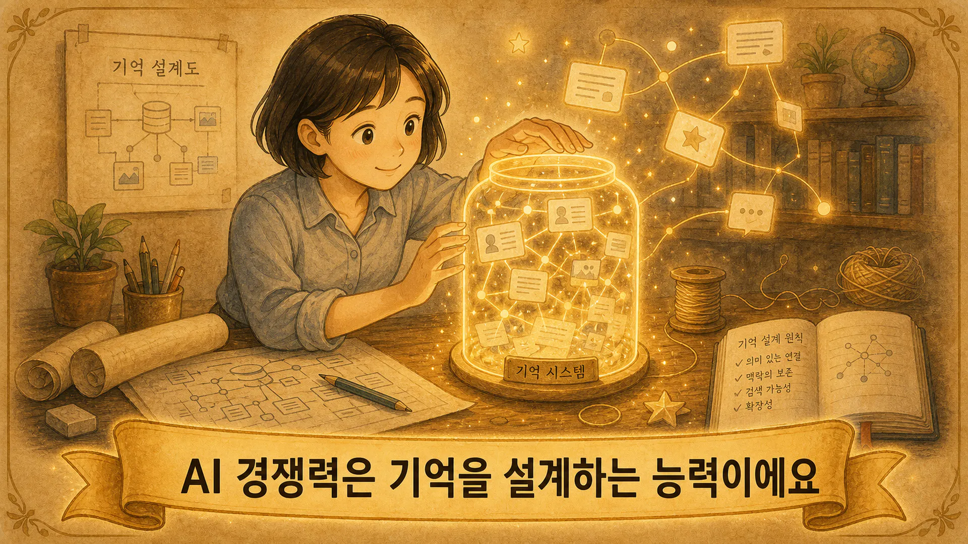 한 소녀가 책이 가득한 항아리를 보고 있다