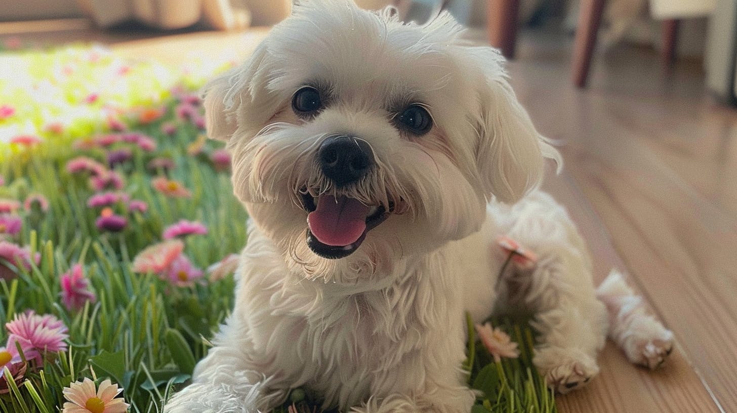 분홍색 꽃이 있는 녹색 카펫 위에 누워 있는 흰 개