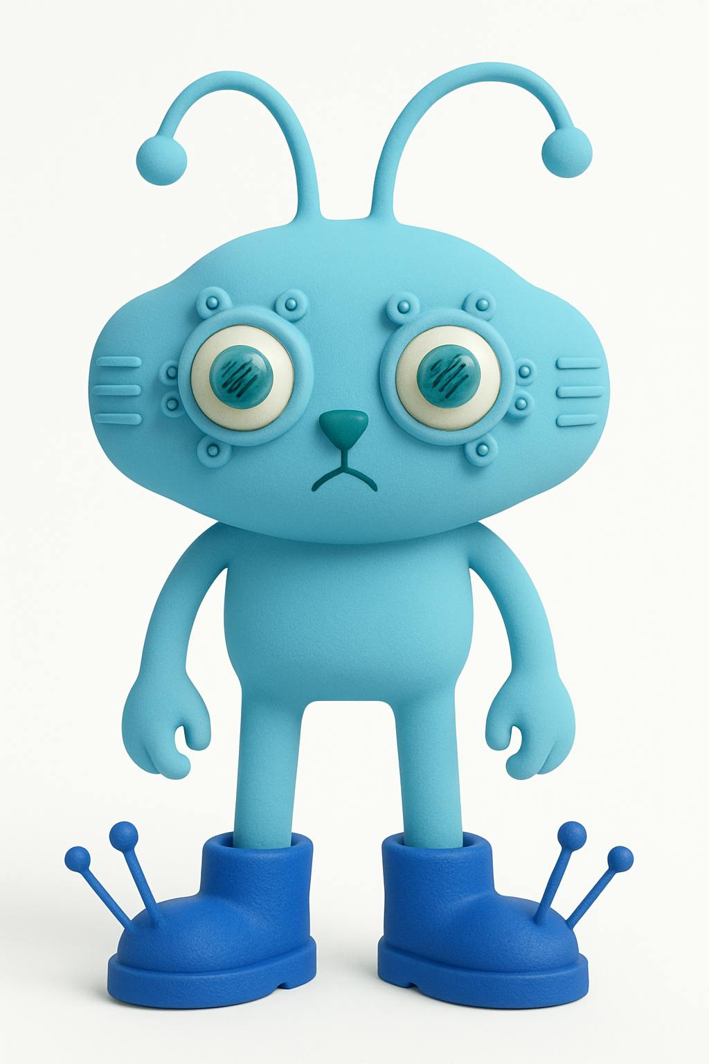 큰 눈과 파란색 신발이 달린 파란색 장난감