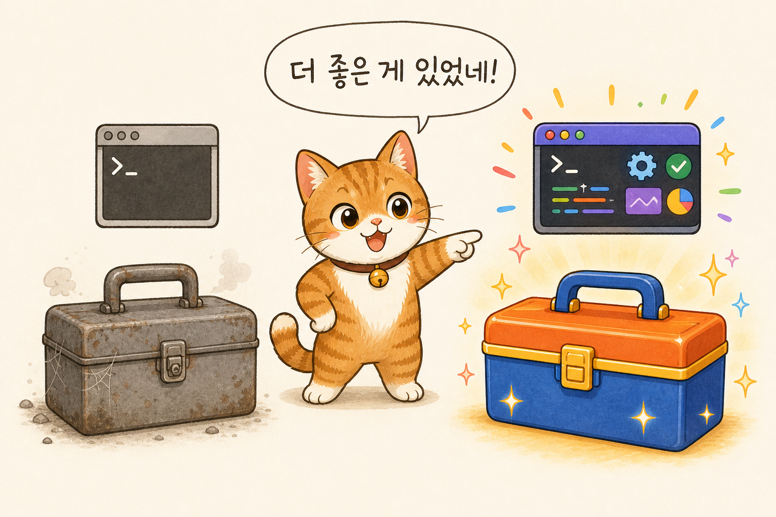 만화 고양이가 서류 가방 옆에 서 있다