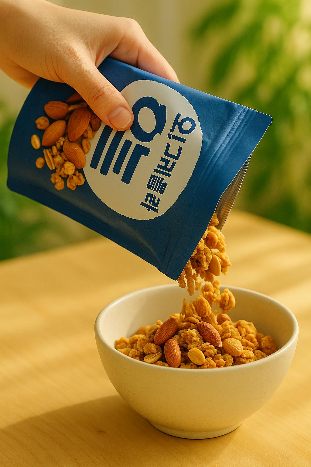 손이 그라 놀라 앞에 그라놀라 한 봉지를 들고 있습니다.