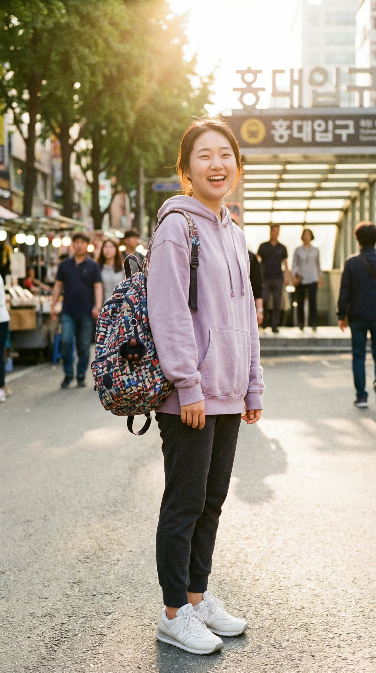 배낭을 메고 도시 거리에 서 있는 젊은 아시아 여성