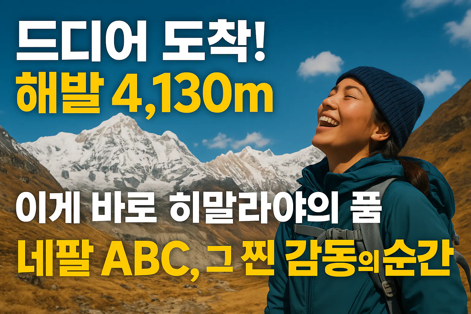 배낭과 산을 배경으로 한국의 한 여성