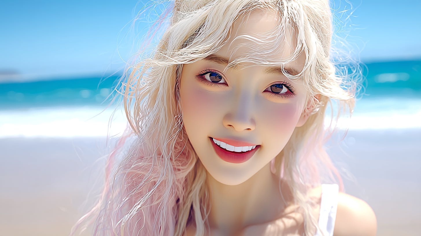 금발 머리를 가진 소녀가 해변에서 웃고 있습니다.