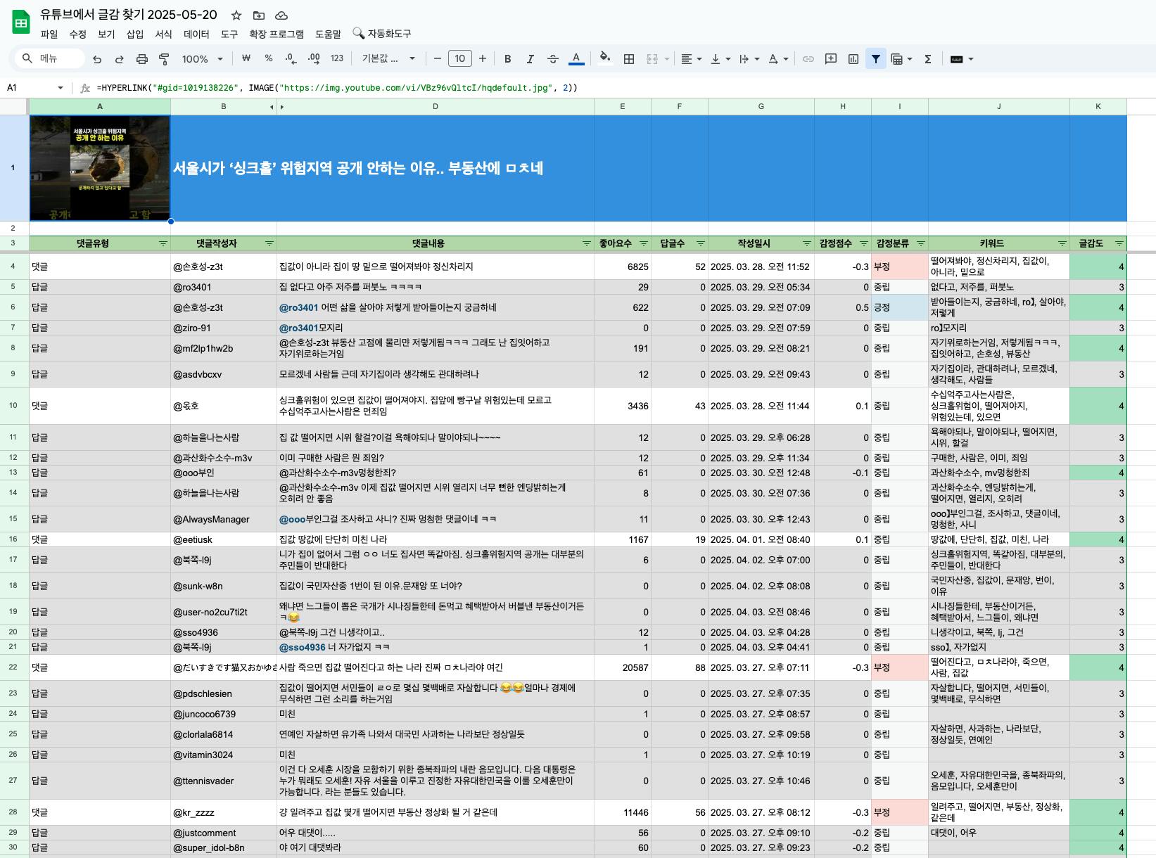 한국 노래 목록을 보여주는 Google 스프레드 시트의 스크린 샷
