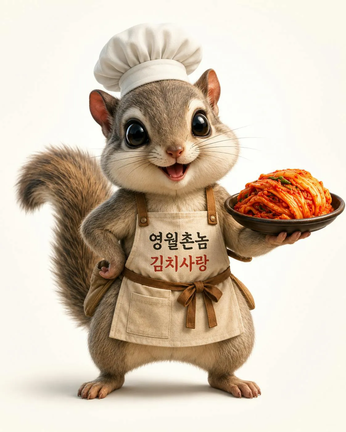 앞치마를 입고 음식 접시를 들고 있는 다람쥐