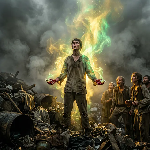 쓰레기 더미 앞에 남자가 서있는 포스터