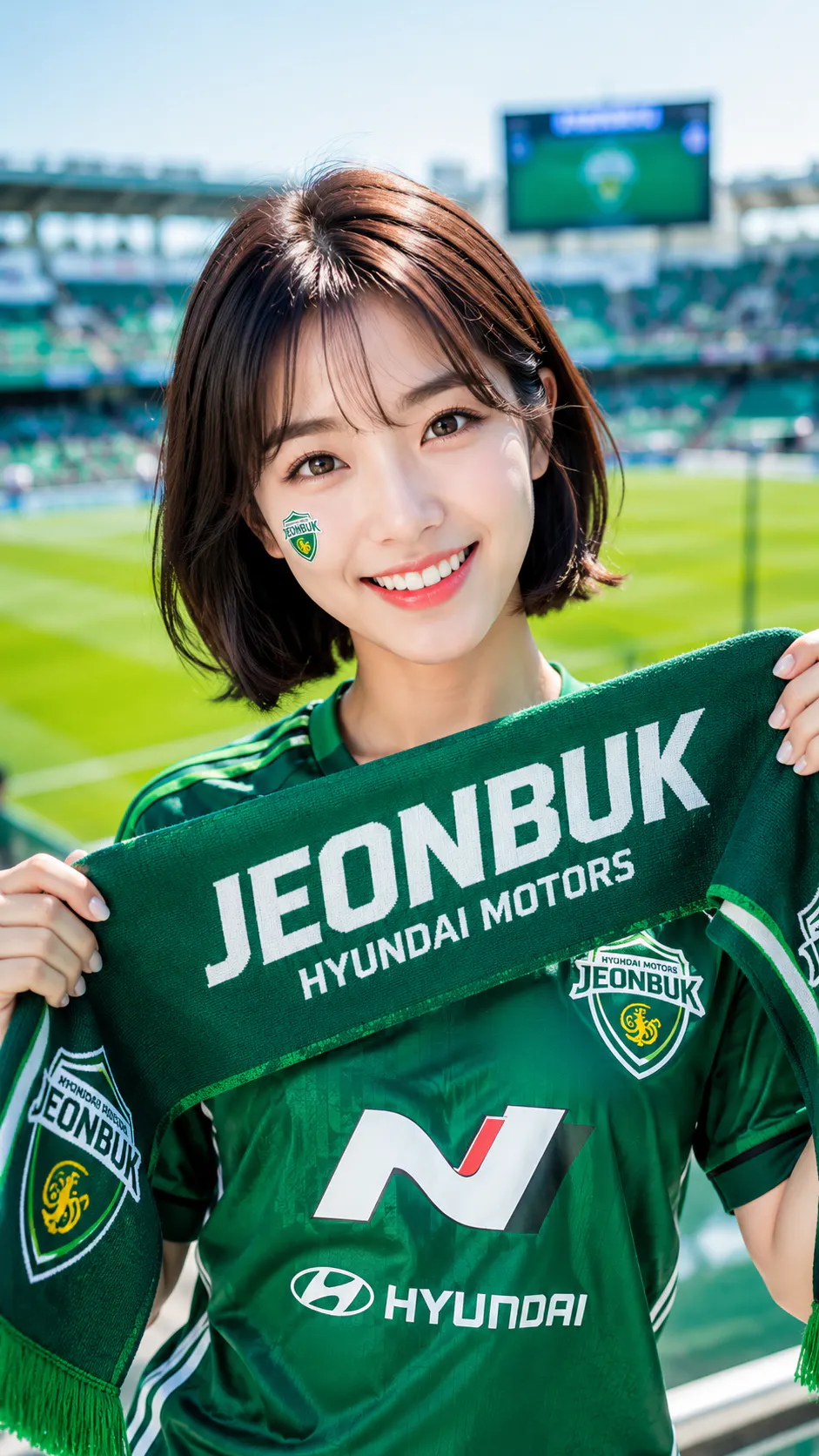 전북현대자동차라는 글자가 적힌 녹색 스카프를 들고 있는 소녀