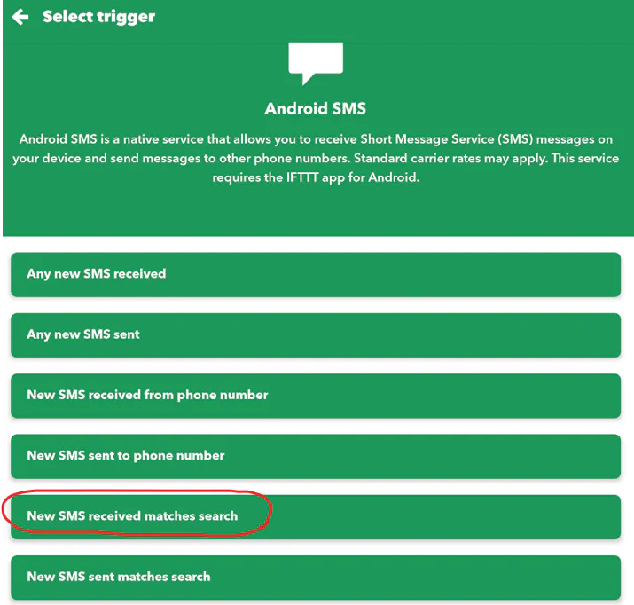 SMS 메시지를 선택하는 옵션이있는 녹색 화면