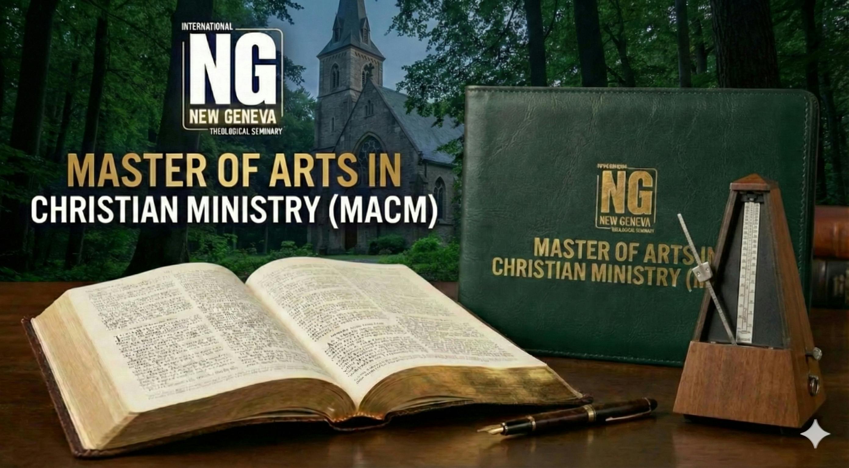 Master of Arts In Christian Ministry degree program graphic featuring a Bible and metronome.