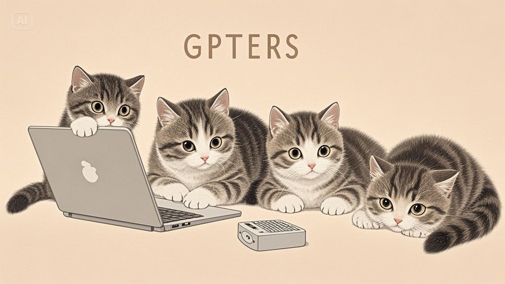 노트북 컴퓨터 옆에 앉아 있는 새끼 고양이 무리