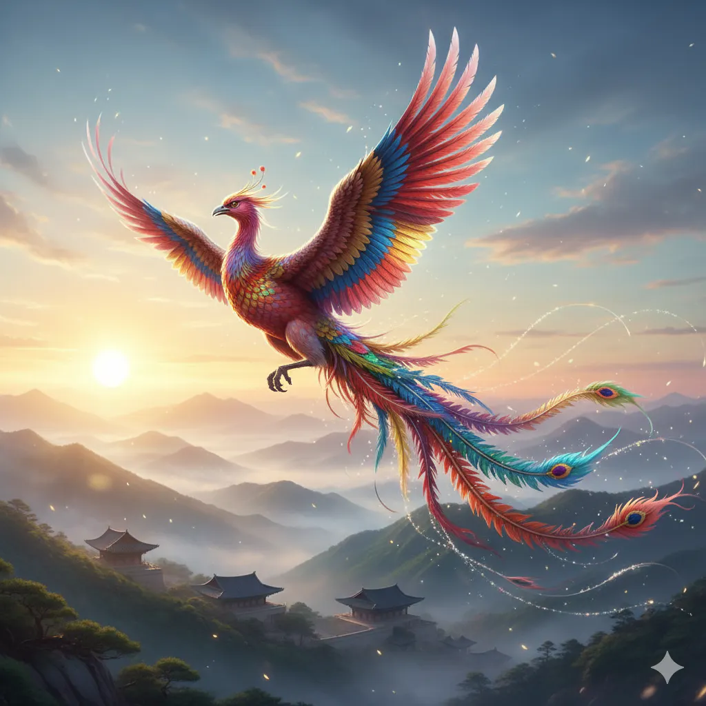 산 위로 날아다니는 화려한 봉황