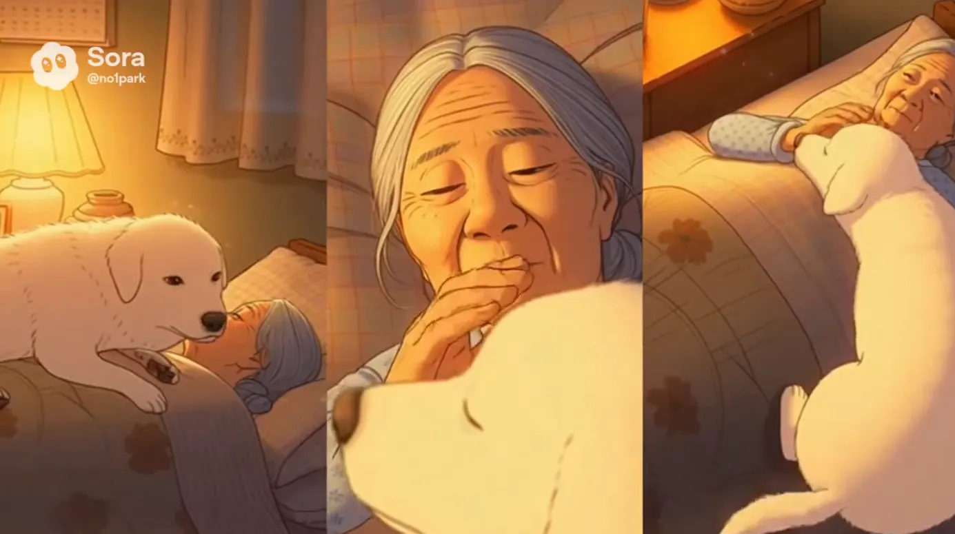 늙은 여자와 흰 개 사진 두 장