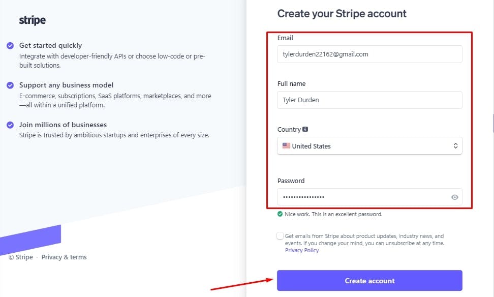The Stripe account login page