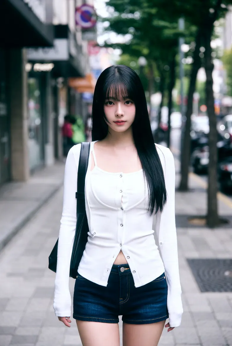 반바지를 입고 흰 셔츠를 입은 젊은 여성이 거리에 서 있다