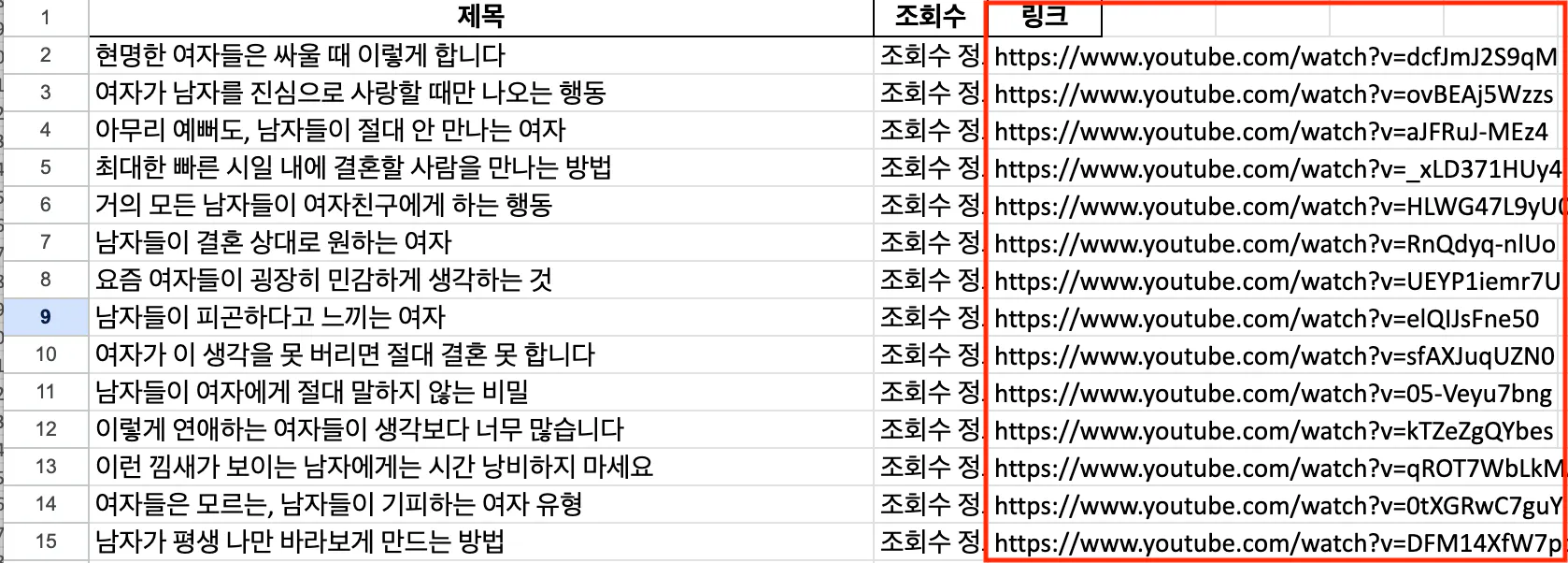 한국어 단어 목록이 있는 표