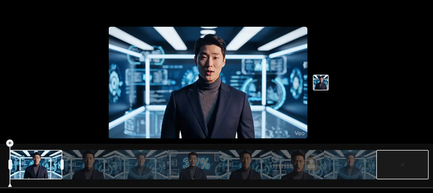 양복을 입은 남자가 스크린 앞에 서 있다