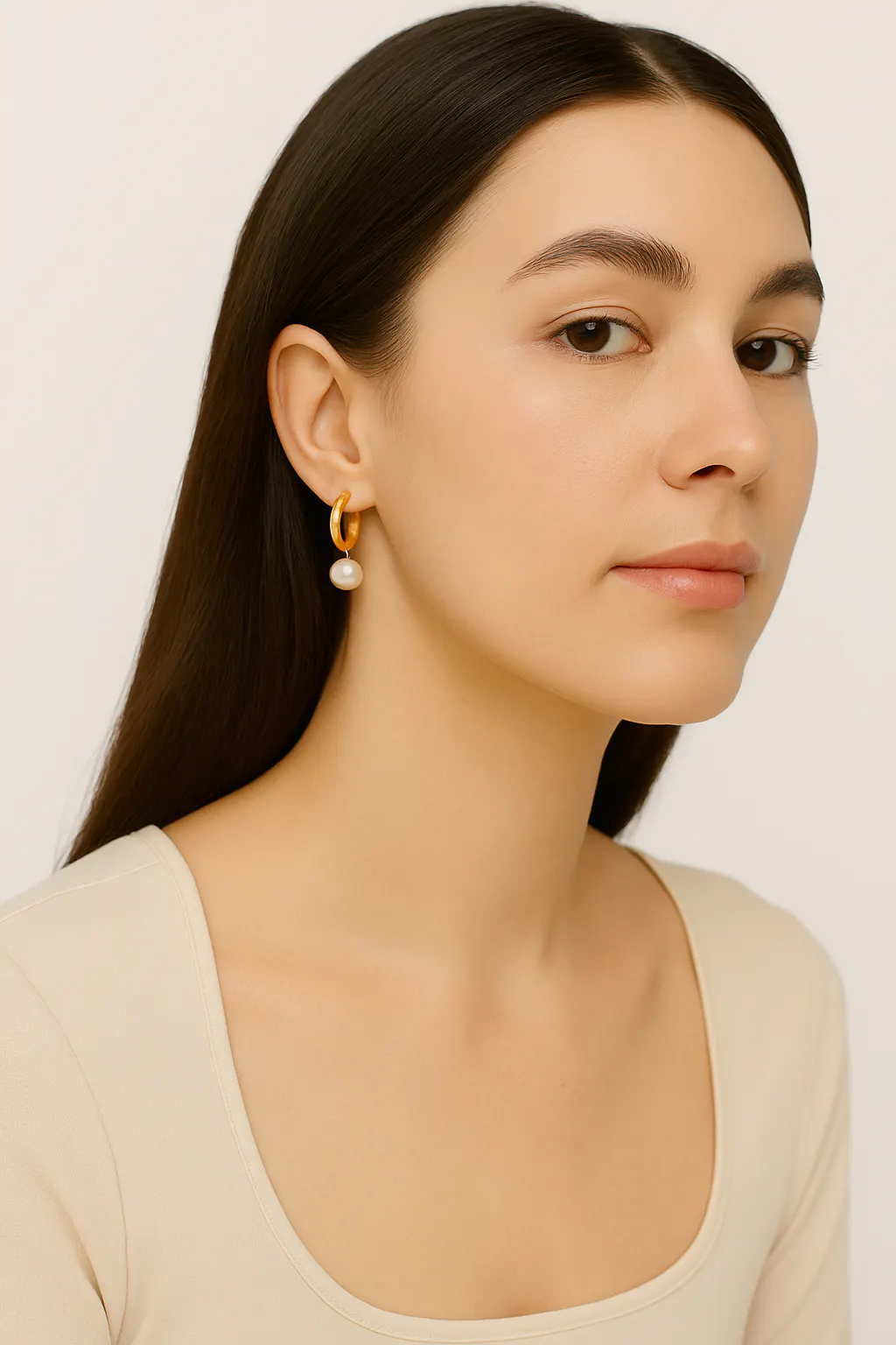 모델은 베이지 색과 골드 후프 이어링을 착용하고 있습니다.