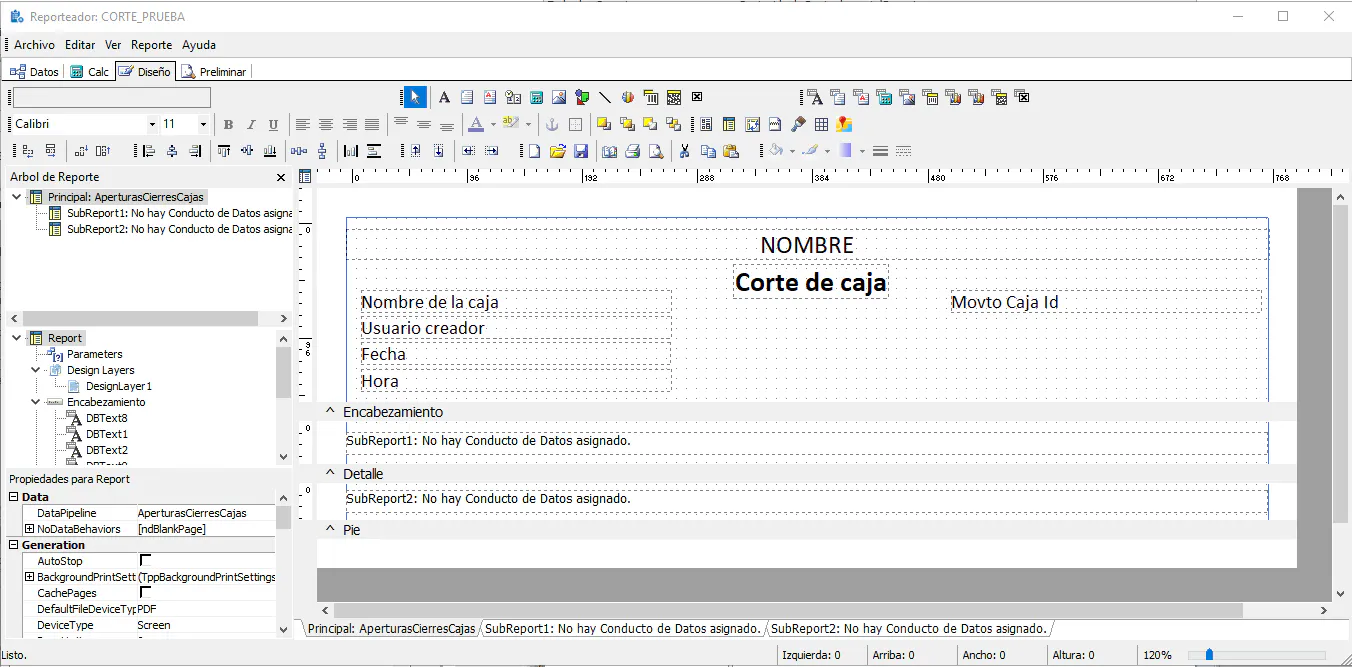 Esta es la primera página del reporte. Utilizo subReportes.