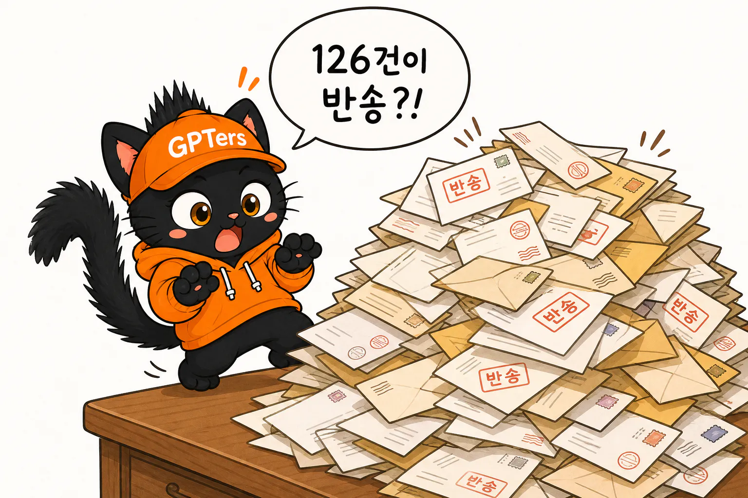 우편물 더미 위에 고양이가 앉아 있다