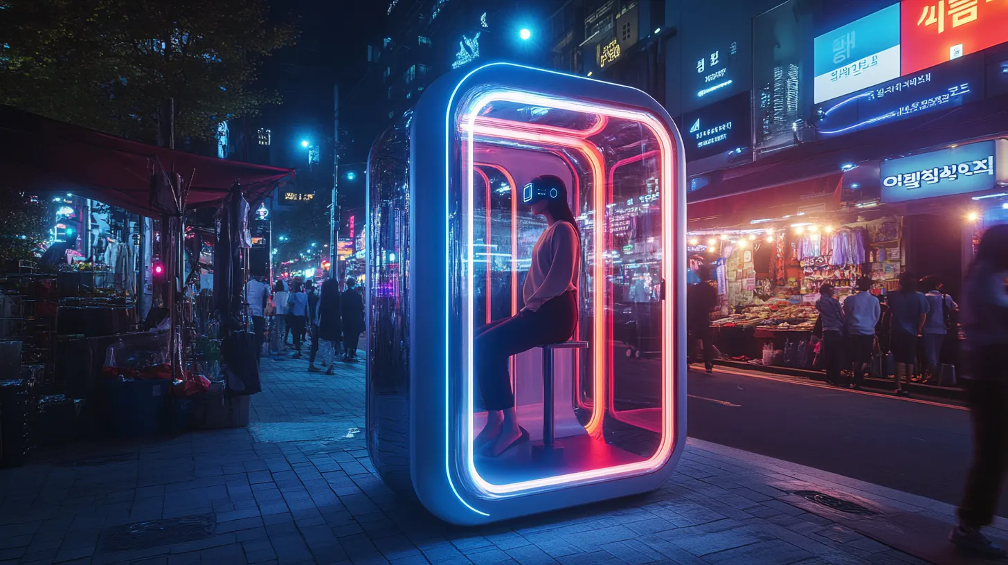 밤에 도시 한가운데 네온 조명이 켜진 부스