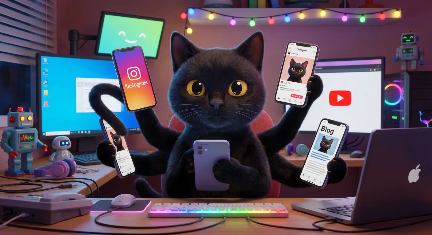 여러 대의 스마트폰으로 SNS를 동시 발행하는 검은 고양이 뽀짝이