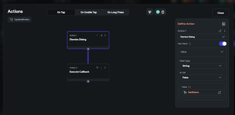 Output variable name for Dismiss Custom Dialog action not available