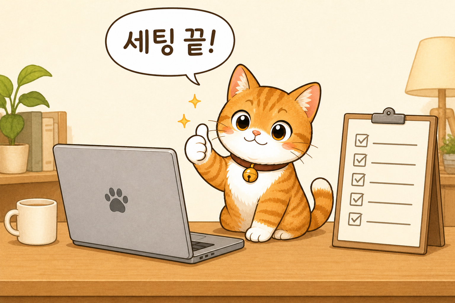 노트북을 들고 책상에 앉아 있는 만화 고양이