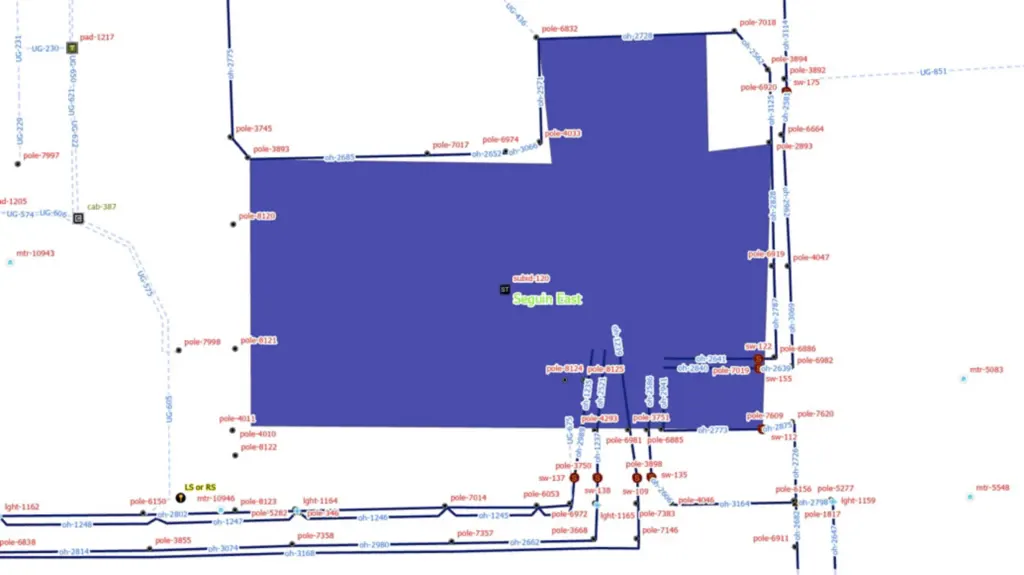 Map of a power distribution substation in blue and white with asset features labeled in red and blue