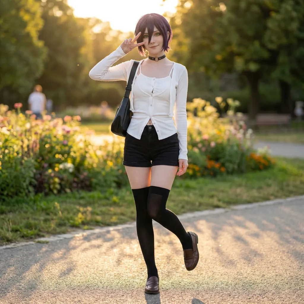 검은색 반바지와 흰색 셔츠를 입은 여자가 거리를 걷고 있다