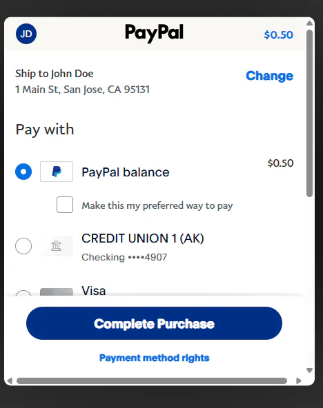 결제 옵션이 표시된 PayPal 결제 화면