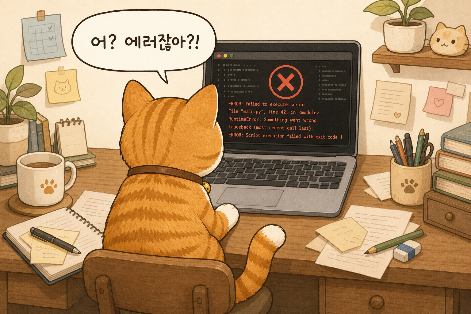 노트북을 들고 책상에 앉아 있는 고양이