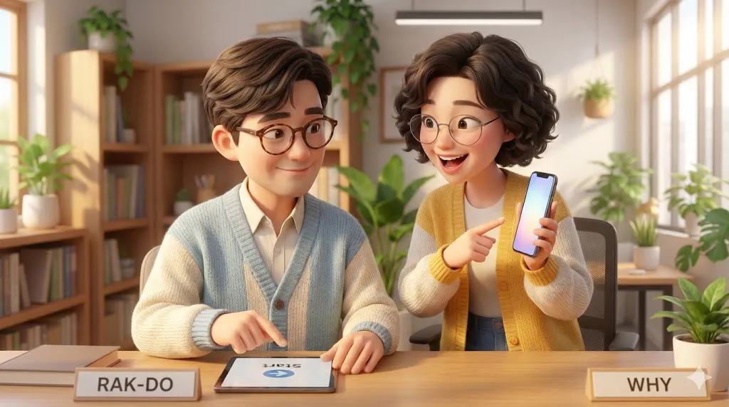 남자와 여자가 ​​책상에 앉아 태블릿을 보고 있다