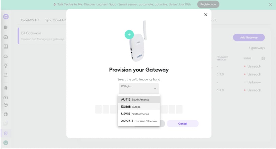 Logitech Sync: Select the Region where the gateway is installed.