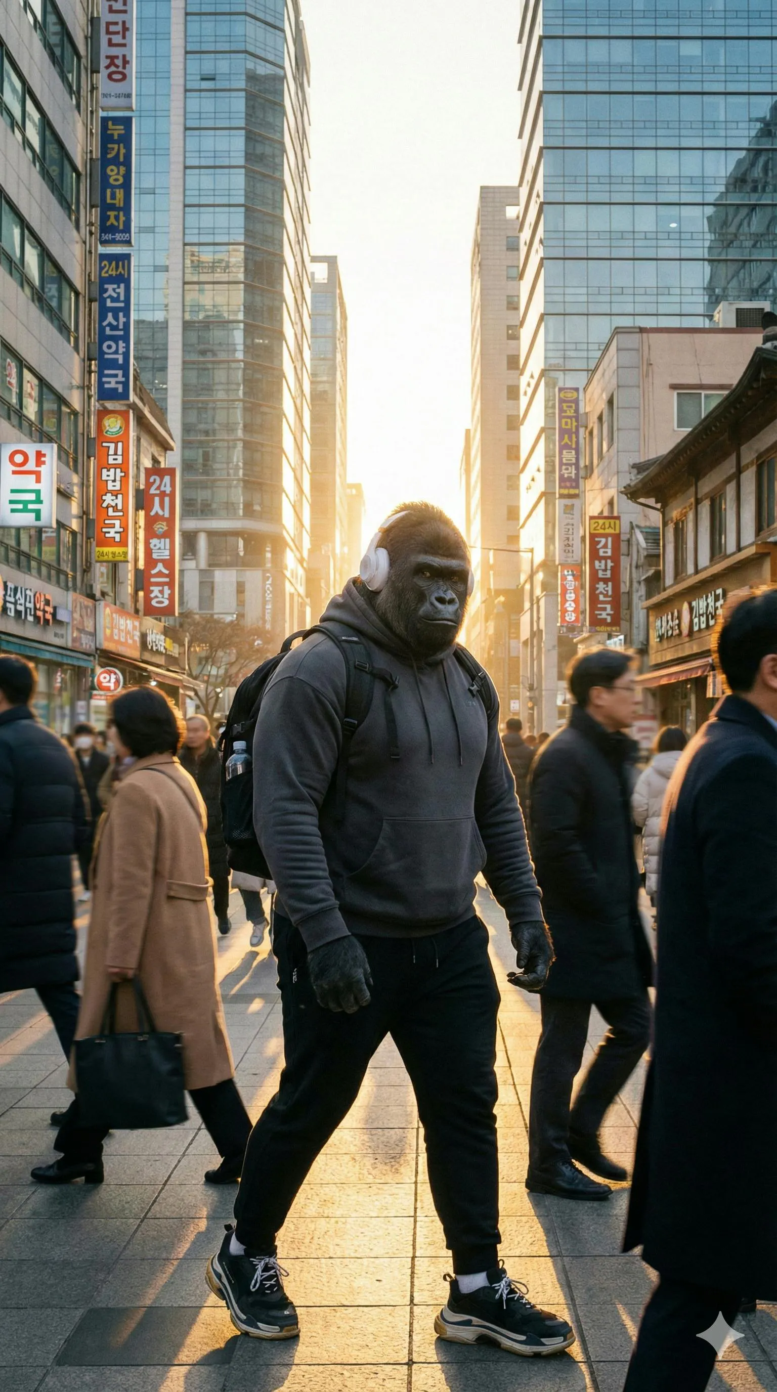 고릴라 가면을 쓴 남자가 도시 거리를 걷고 있다